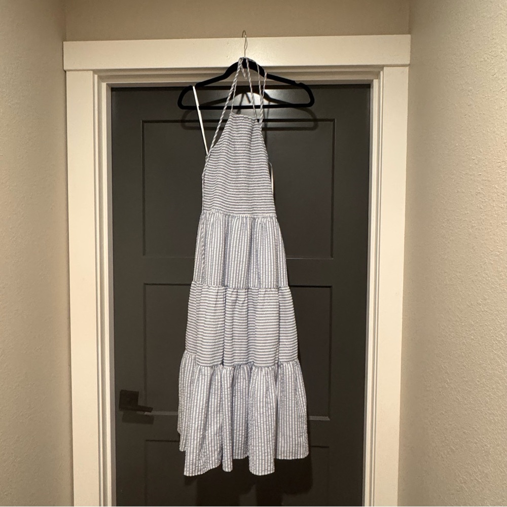 Lulu's Blue and White Striped Tiered Halter midi Dress